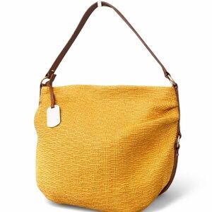 Furla Woven Straw Hobo Shoulder Bag Tan Brown Leather Trim Italy